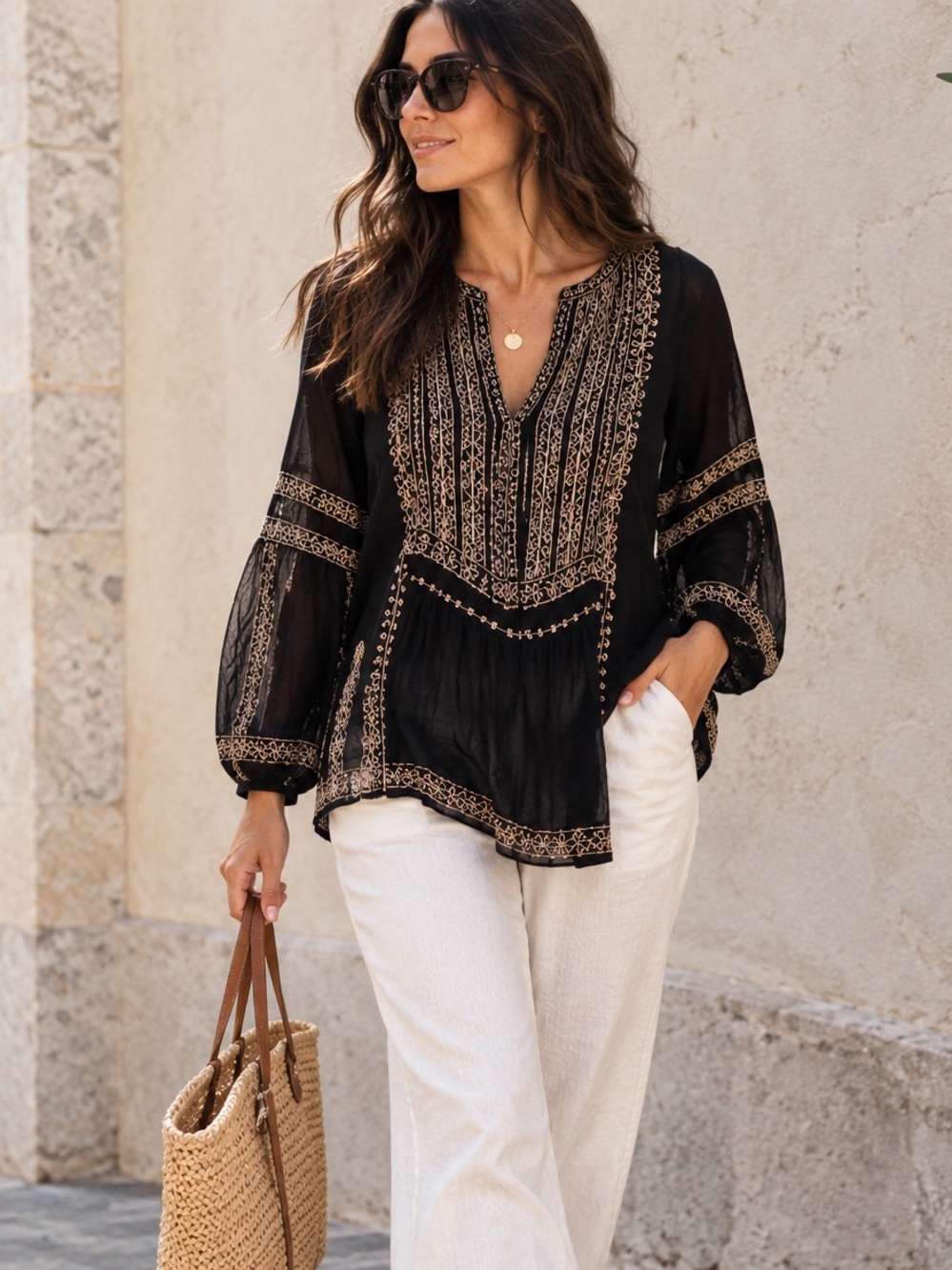 Tolani Black Embroidered Tunic Blouse Sheer Sleeve Boho Top XS NWOT